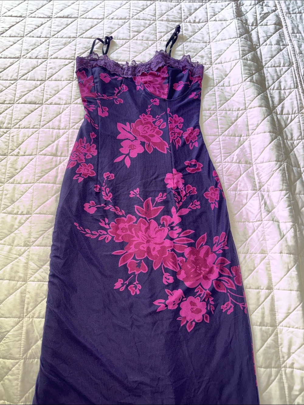 Purple Maxi Slip Dress with Pink Rose Print